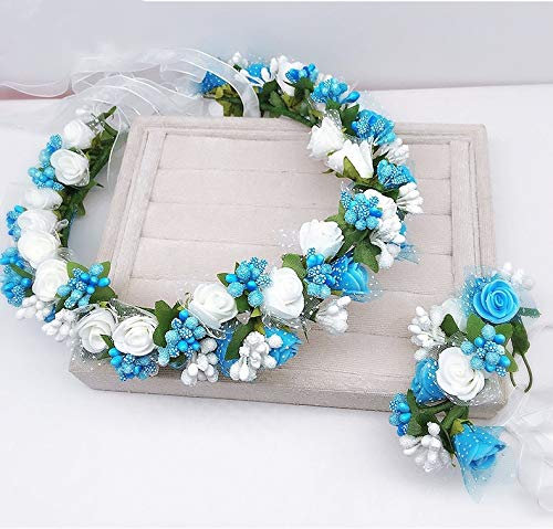 Blumenkranz Haare und Arm, Haarschmuck Hochzeit Blumenstirnband Blumenkrone mit Armband für Strand Hochzeit Braut Fotografie Party Muttertag (Blaue Weiße Blume)