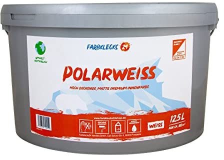 Farbklecks24 Polarweiss 12,5L (versch. Größen) premium Wandfarbe, weiss, sehr hohe Deckkraft