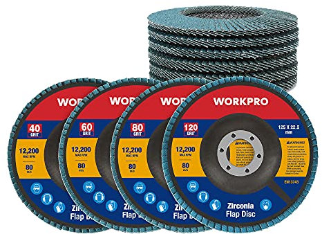 WORKPRO Profi Fächerscheiben 10 Stück Ø 125 mm x 22,2 mm Fächerschleifscheibe - Körnung 40/60/80/120 - Blau Standard Schleifmopteller für Edelstahl, Metall und Holz