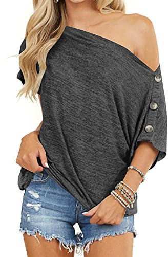 INFITTY Schulterfreies Damen-Oberteil, lässiger Sommer, lockere Knopfleiste, kurzärmelig, Tunika-Bluse, Dunkel_Grau, XX-Large