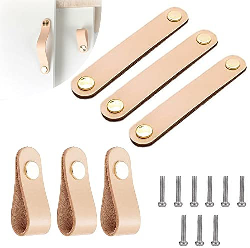 Möbelgriff aus Kunstleder, Türgriff, Schrankgriff, aus Leder, Schubladengriff aus Leder, mit Schrauben, für Küchenschränke, Badezimmer, Schränke, 2 Modelle, 6 Stück