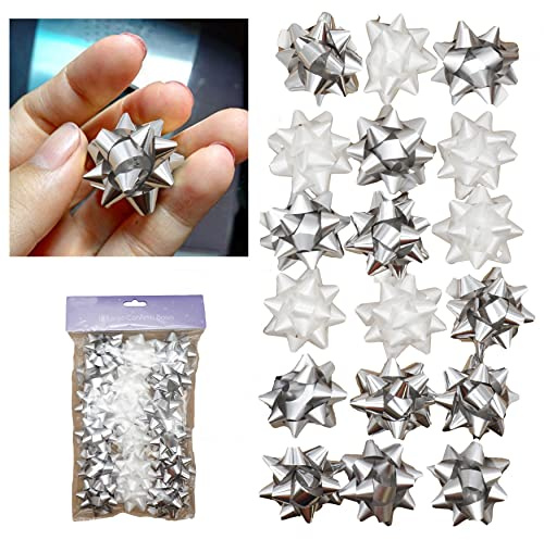 18PCs Large Gift Wrapping Bows 7cm - Silver and White Gift Accessories, Self-Adhesive Christmas Metallic Gift Bows, Christmas Reward Wrapping Bows for Holiday Decorations
