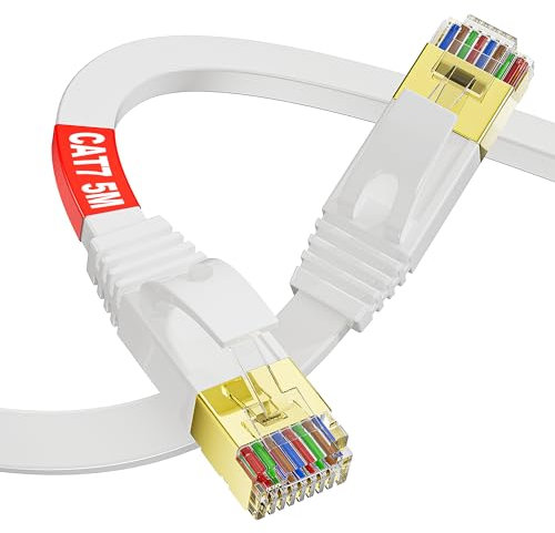 MEIPEK Ethernet Cable - 5m Cat7, Flat Pure Copper Core, Gigabit LAN RJ45 Patch Cable (5 Clips)