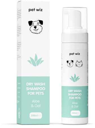 pet wiz Shampooing de Lavage à Sec pour Animaux de Compagnie - Apaisant et Désodorisant, Ingrédients Naturels, Séchage Rapide et sans Rinçage (Aloe & Avoine)