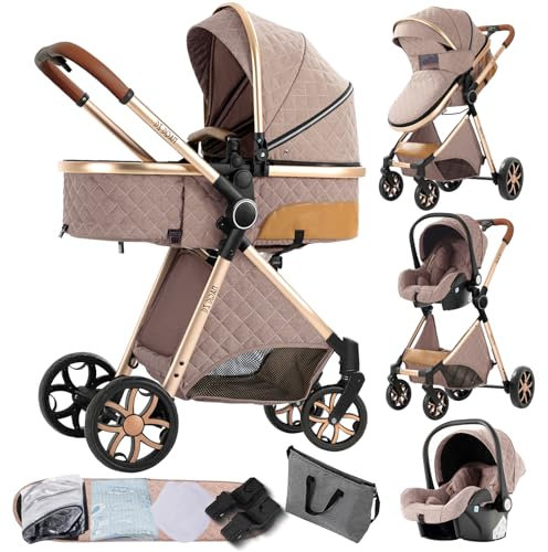 Prokoke Passeggino Trio, Passeggino 3 in 1 con Due Modi Reversibili per Spingere, Trio Passeggino Neonati Pieghevole in Un Clic, Trio con Una Lega di Alluminio a Cornice (225 Marrone)