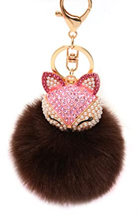 SOIMISS Flauschiger Ball Schlüsselanhänger mit Strass Fuchs Schlüsselanhänger Brauner Pom Pom für Damen Tasche Auto Anhänger