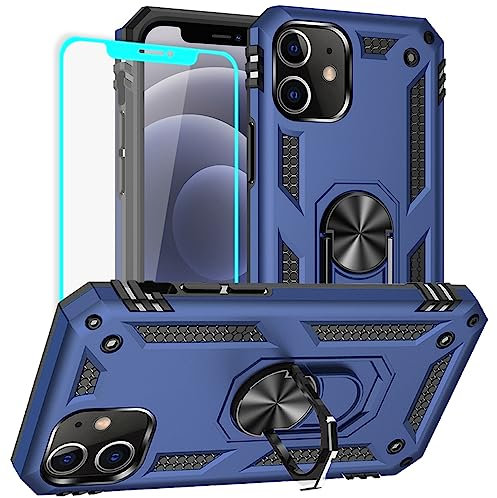 für iPhone 12 Hülle, iPhone 12 Pro Hülle mit Schutzfolie, Militärischer Grade Stoßfest Schutzhülle mit Ring für iPhone 12 /iPhone 12 Pro (Blau)