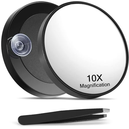 Macaki Miroir grossissant x 10 avec 2 ventouses, miroir de maquillage grossissant de 8,9 cm et pince à épiler inclinée, 1 pièce