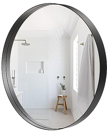 Glaucus Rund Spiegel Schwarz 80 cm, Wandspiegel mit Tiefem Metallrahmen, HD Schminkspiegel Badezimmerspiegel, Modern Spiegel für Flur, Wohnzimmer, Schlafzimmer
