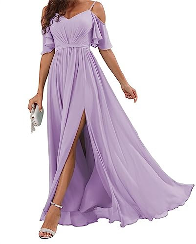 Abito da damigella d'onore in chiffon con spacco a linea svasata, lungo da donna, Lilla, 58