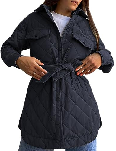 Onsoyours Wintermantel Damen Steppjacke Lang Mantel Winterjacke Lockere Warmer Steppmantel Lässige Revers Mantel Mit Gürtel Wintermantel Lockere Outwear A Schwarz M
