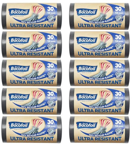 Bacofoil Ultra Resistant Bin Liners with Drawstring Handles 30L - Leak-Proof and Tear Resistant Bin Bag with Ultra Protection Technology (10 Rolls, 120 Bags)…