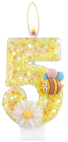 Geburtstagskerzen Zahlen 5, Geburtstagsdeko 5 Jahr Junge Mädchen, Gelb Kerzen Geburtstag, Honigbiene und Blume Tortendeko Geburtstag, Personalisierte Geburtstagskerzen Torte Deko KinderGeburtstags