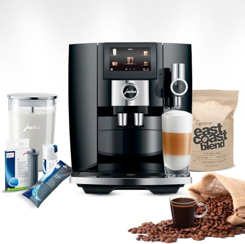 Jura J8 Piano (Black) Bundle with Filter Cartridge Water Stabilizer, Milk System Cleaner Mini-Tabs, Cleaning Tablets, Milk Containers, and Capresso Coffee Bean (6 Items)