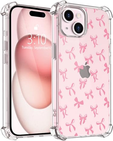 LuminousGuard for iPhone 13 Case, Cute Kawaii Bow Phone Case for Women Girls, Anti-Yellowing Clear Soft TPU Protective Cover with Shockproof Air-Guard Corners