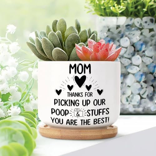 Yelolyio Pot de fleurs rond en céramique avec trous de drainage et plateau en bambou Inscription Mom Thanks for Picking Up Our Poop Planters Pour intérieur et extérieur