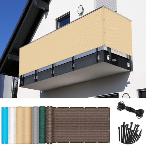 Balkonverkleidung 55 x 470 cm Windschutz Sonnenschutz Blickdicht, Atmungsaktiv, Stabiler mit Kabelbinder Windschutz Folie Sichtschutz Zaun, für Balkon Garten, Sandgelb
