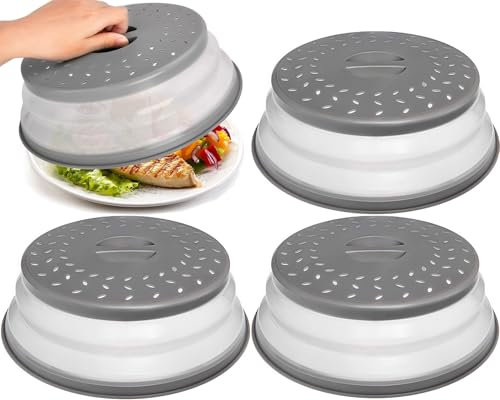 Cubierta de Alimentos de Microondas, 3 Piezas Colador Plegable Tapa para Microondas Plegable con Orificio de Vapor Tapa Microondas Plegable Canasta de Filtro de Frutas Verduras, Gris