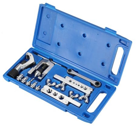 ECUTEE Bördelwerkzeug Set und Swage Tool für Kupferrohre Bördelgerät Klimaanlage Auto Bremsleitung, 10-teilige Rohr-Bördelwerkzeug-Kit mit Rohrschneider 7 Gesenkverschraubungen