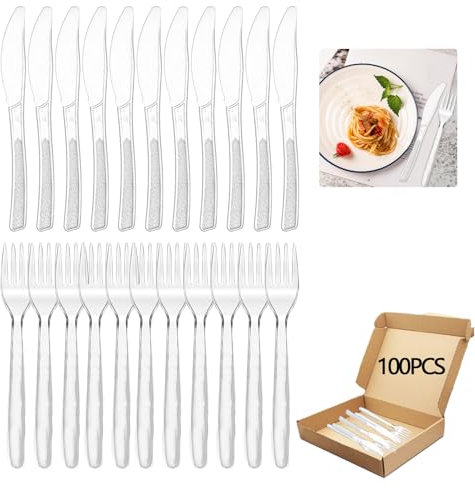 100 Stück Plastikbesteck Set 50 Plastikbesteckgabeln und 50 Kunststoffmessern, Robust Plastik Gabel Messer, Party Besteck Plastik für Familienfeiern, Outdoor Dinner (Transparent)