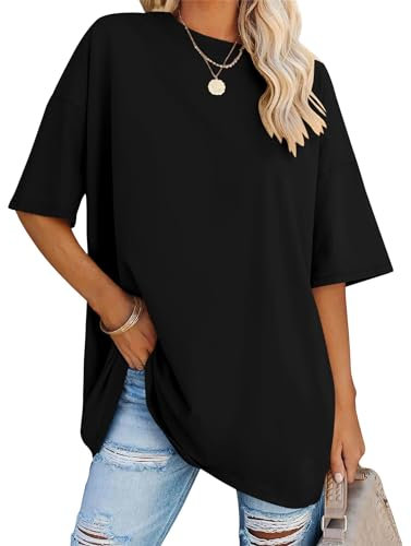 Rapbin Women's Oversized T-Shirt Cotton Tops Casual for Women Crew Neck Short Sleeve Tee New 2025 (Black, 20-22)