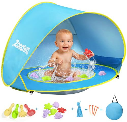 Zooawa Tente Anti-UV Bébé, Grande Tente de Plage pour Bébé avec Mini-Piscine-Système Pop-Up avec Jouets, Protection Solaire FPS 50+ pour Maison, Cour, Camping, Pas de Motif,Bleu