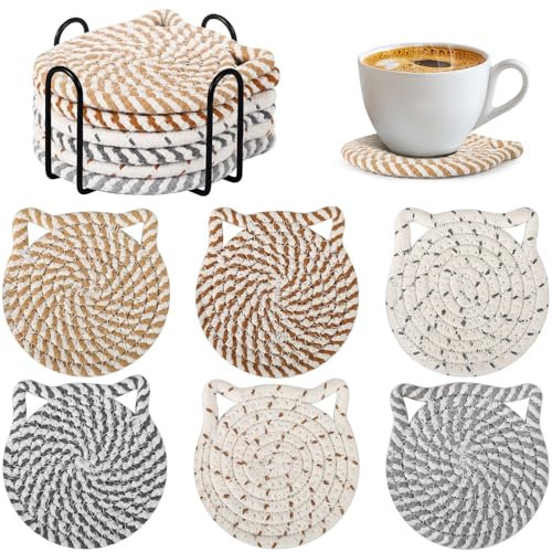 Lot de 6 Dessous de Verre en Coton, sous-Verres Ronds Style Bohème avec Support, Absorbants et Antidérapants, pour Cuisine, Salon, Bureau, Bar, Idée Cadeau Maison, Anniversaire, Décoration de Table