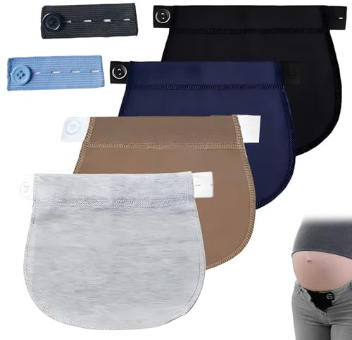 4 Stück Hosenbunderweiterung, Schwanger Hosenerweiterung Schwangerschaft, Hosenknopf Verlängerung, Schwangere Frauen Knopfverlängerung Elastisch Hosen Extender (Schwarz, Blau, Khaki, Hellgrau)