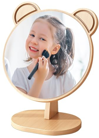 Gwezmxs Kleiner Schminkspiegel Stehend mit Holzrahmen Mädchen für Kinderzimmer, Bärenohren Stil, Mirror for Girls - Bear, 13x9.5x21cm