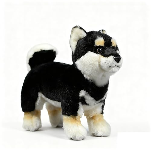 RLOMUTE Weiches Shiba Inu-Plüschtier – Süßes Shiba Inu-Kissen, realistisches Shiba Inu-Tierspielzeug, 28cm/11”, einzigartiges -Plüschtier, Modellpuppe, Kindergeschenk (Schwarz)