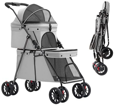 Double Couche Poussette pour Chien Chat Animaux, Animaux Voyage Poussette, Pliable Chien Chat À Quatre Roues Chariot, avec Ventilation et Freins (Gris, 50x67x95 cm/double couche)