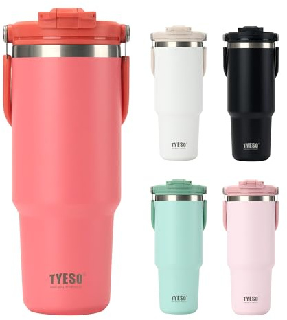 TYESO Tumbler with Flip Straw & Sip Lid, Vacuum Insulated Water Bottle, Double Wall Stainless Steel Coffee Cup Travel Mug Leak Proof (DARK-PINK, 30 OZ)
