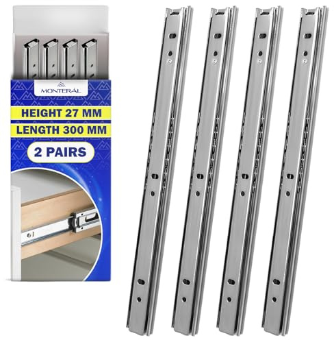 2 Paar Kugelgelagerte Schubladenschienen 300mm x H 27 mm | Teleskopische Auszugsschienen Haben eine Teilausdehnung von 212 mm - Garantie 10 Jahre - MONTERAL