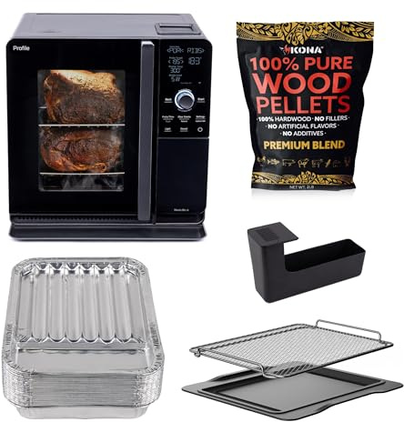 GE Profile™ Smart Indoor Pellet Smoker + Accessories Bundle, Includes Four 1lb Bag, Strainer, 20-pack of Drip Pan Liners, and Prep Tray, Stainless Steel, Carbon Black