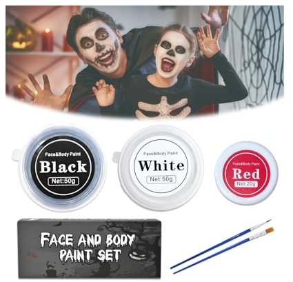 Juego de maquillaje de Halloween, pintura para la cara, color blanco, negro y rojo con pinceles de maquillaje, juego de maquillaje infantil, payaso, cara y cuerpo, pintura corporal para Halloween
