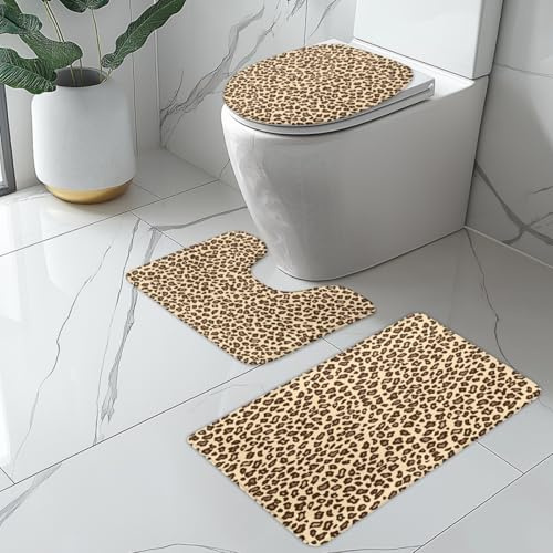 Bad Teppiche Set Gelber Leopard Druck Badezimmerteppich Waschbar WC Vorleger mit Ausschnitt und WC Deckelbezug 3 Teilig Badematte rutschfest Toilettensitzbezug Badgarnitur 45x75 cm