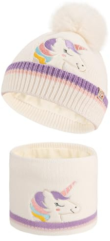 QKURT Ensemble bonnet et cache-cou d'hiver pour enfants, bonnet tricoté chaud pour enfants, cache-cou, doublure douce, bonnet thermique, écharpe, motif licorne, pour filles et garçons de 2 à 5 ans
