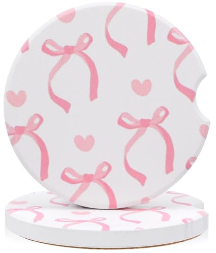 2PCS Pink Bow Car Coasters, 2.6 Inch Diameter Ceramic Coasters for Cup Holders, Cute Car Accessories & Decor for Women, Girly Cars Essentials for Anti Slipping with Finger Notch