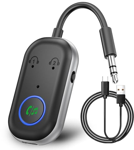 GIBOHOM Trasmettitore Bluetooth 5.3, Adattatore Bluetooth 2-in-1, Adattatore Cuffie Aereo Supporta 2 Auricolare, 3.5 mm AUX Jack Trasmettitore per TV, Telefono Mobile, Car Audio Systems, Palestra