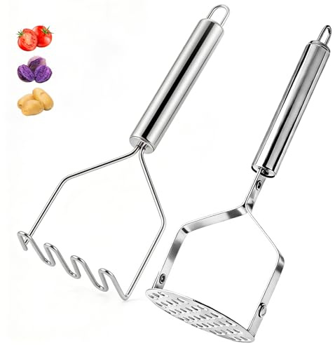 FYCQER 2PCS Potato Masher Set, Stainless Steel Smasher Kitchen Tools for Perfect Mashed Potatoes, Guacamole, Beans, Vegetables, Fruit, Meat Butter & Puree & More