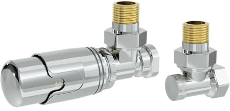 LuxeBath Thermostatventil + Rücklaufverschraubung für Heizkörper, Chrom, Heizkörperventil Komplett-Set, Thermostatkopf 1/2 Eckform, Heizungsventil mit Frostschutzstellung, Flüssigfühler Winkelventile