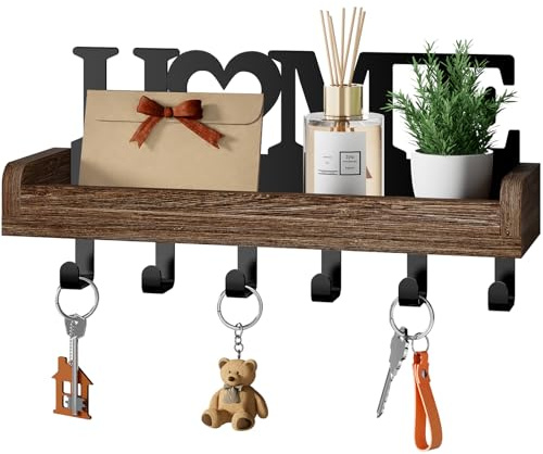 HapiRm Schlüsselbrett mit Ablage - Schlüsselkasten mit Holzregal & 6 Haken | Schlüsselkasten Holz, Schlüssel Organizer Wand für Flur, Eingangsbereich & Büro, Schlüsselbord für Schlüssel, Post