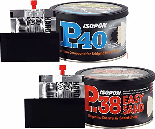 U-POL David's Isopon P38 Multi-Purpose Easy Sand Polyester Body Filler & Davids Isopon P40 Glass Fibre Repair Paste 2K Polyester Bridging 2x 250ml Pack