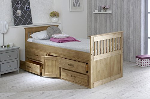 MissionTM Captains Storage Bed with 4 Drawers & Cupboard – Single Size Wooden Bed Frame – Waxed Pine or White Finish – Solid Pine Slats – Fits Standard 3FT Mattress