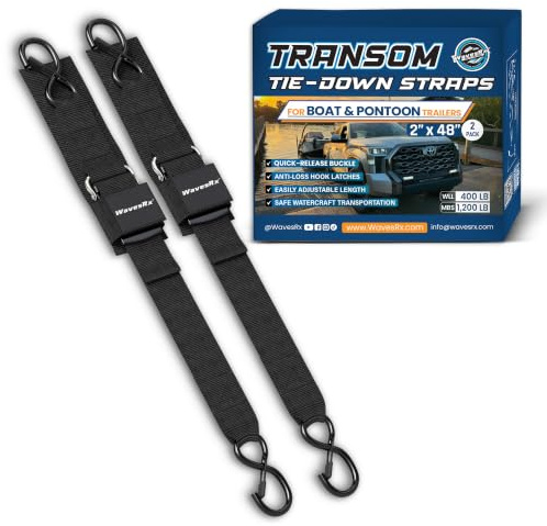 WavesRx Premium Boat & Jet Ski Trailer Transom Straps - Marine Tie Downs - Adjustable via Quick Release Buckle - Must Have Boating Accessories for Safe and Secure Transportation (2x48 (2PK))