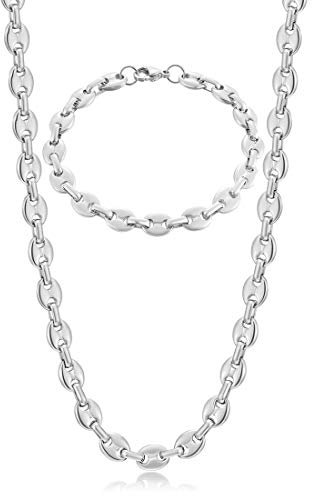 AFSTALR Halskette Herren Edelstahl 6mm Kaffeebohne Kette Armband Set für Männer Silber 61CM Hip Hop Halskette Plattenkette für Herren