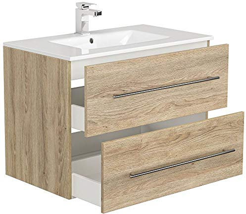 Lomadox Waschtisch mit Unterschrank in Eiche hell, 80cm Mineralguss-Waschbecken, 2 Softclose-Schubkästen