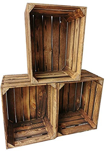 Alte geflammte Obstkisten / Holzkisten in vielen Variationen -Ideal zum Möbelbau oder zur Aufbewahrung- Sehr massiv und stabil verarbeitet (3er Set / ohne Boden)