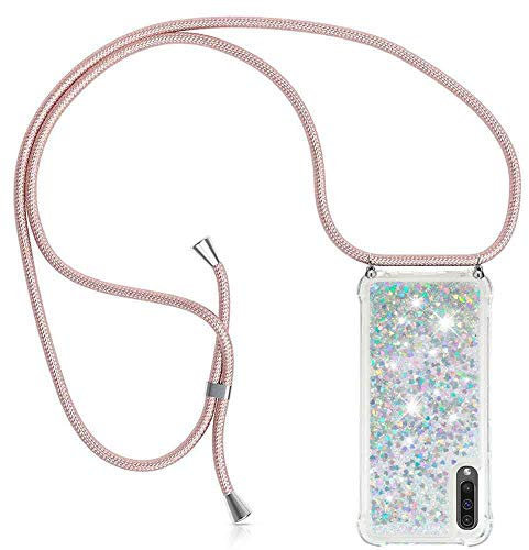YuhooTech Handykette Hülle Kompatibel mit Samsung Galaxy A50 - Quicksand Glitzer Hülle mit Band - Silikon Handyhülle mit Kordel Umhängenband - Schnur mit Treibsand Case zum Umhängen