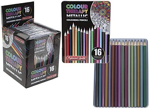 Metallic Coloured Pencils in a Tin - Anti Stress Colouring Pencils, 16 Sharpened